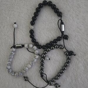 3pcs Black,Silver & White Handmade Beaded Bracelets Set